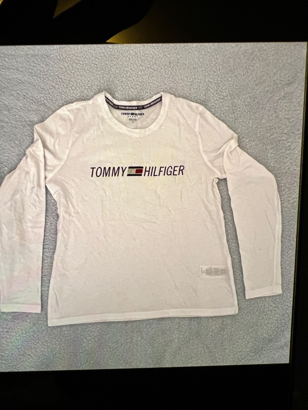 Tommy Hilfiger White Long Sleeve Logo Tee with Red and Blue Flag